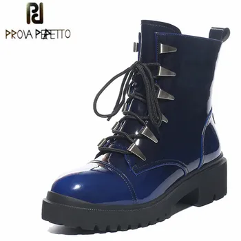 

Prova Perfetto Sexy Short Boots Women Lace-Up Microfiber Leather Square Heel Black Blue Brown Round-toe Plush In Bota Feminina