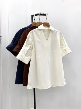 

Women Solid Color Blouse V Neck Short Sleeve Loose Shirt Casual Female Clothing