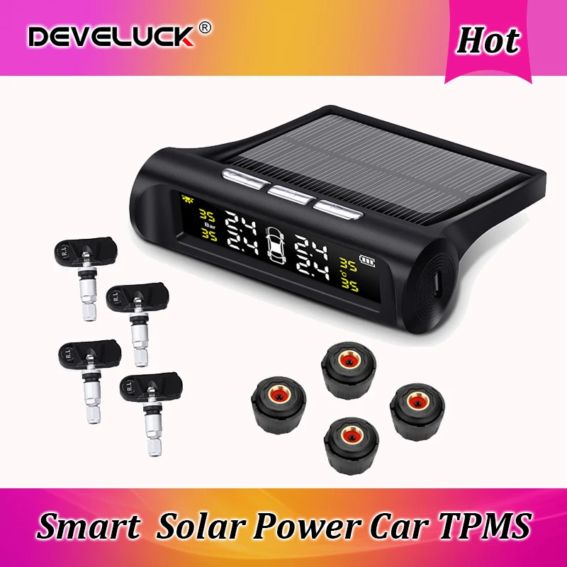 Develuck Tyre Pressure Monitoring System Smart Car TPMS Solar Power HD Digital LCD Display Wireless Auto Security Alarm Systems |