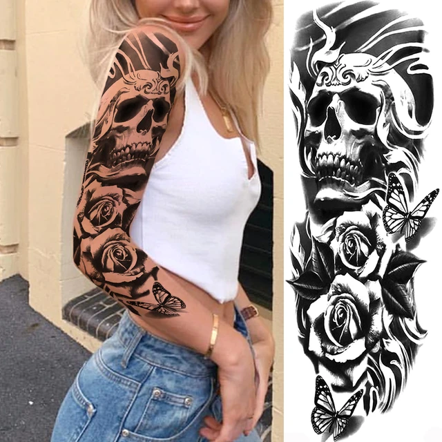 Evil Skeleton King Temporary Tattoos For Men Women Body Art Full Arm Black Rose Tatoo Waterproof Fake Flower Tattoo Sticker Sexy - AliExpress