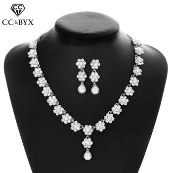 

CC Wedding Accessories For Bride Women Stud Earring and Necklac 2pcs Jewelry Sets Party Pearl Flower Shape Long Design Gift D018