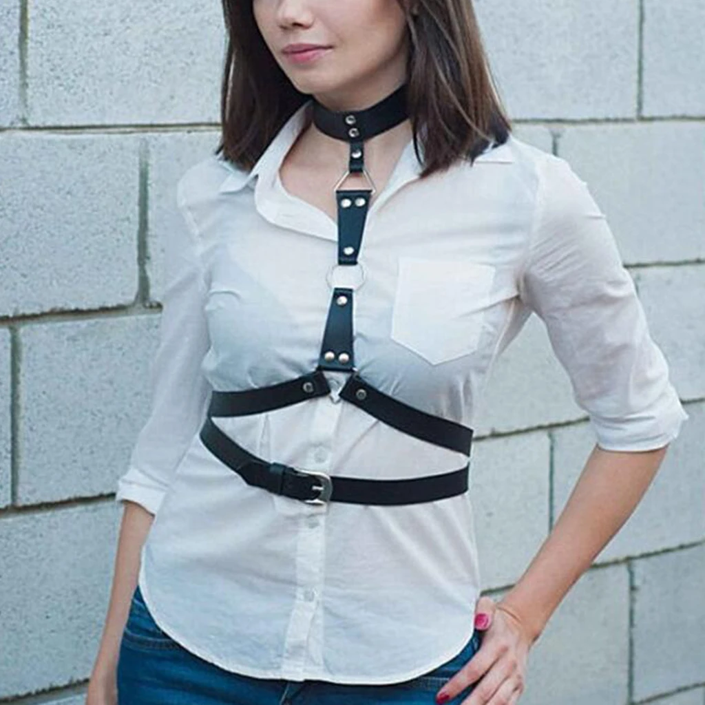 Womens Adjustable PU Leather Chest Harness Gothic Strappy Body Caged Belts