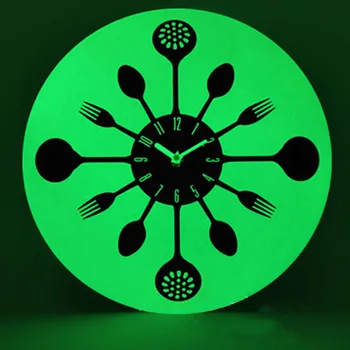 

Luminous Wooden Wall Clock Modern Design Knife Fork Kitchen Hanging Clocks Glow in Dark Wood Wall Watch Home Decor Silent 12"