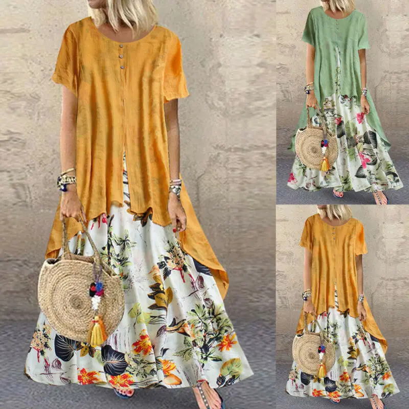 Plus Size Women Boho Cotton Linen Dress Vintage Elegant Vestido Floral Baggy Short Sleeve Tunic Summer Loose Sundress 5XL | Женская
