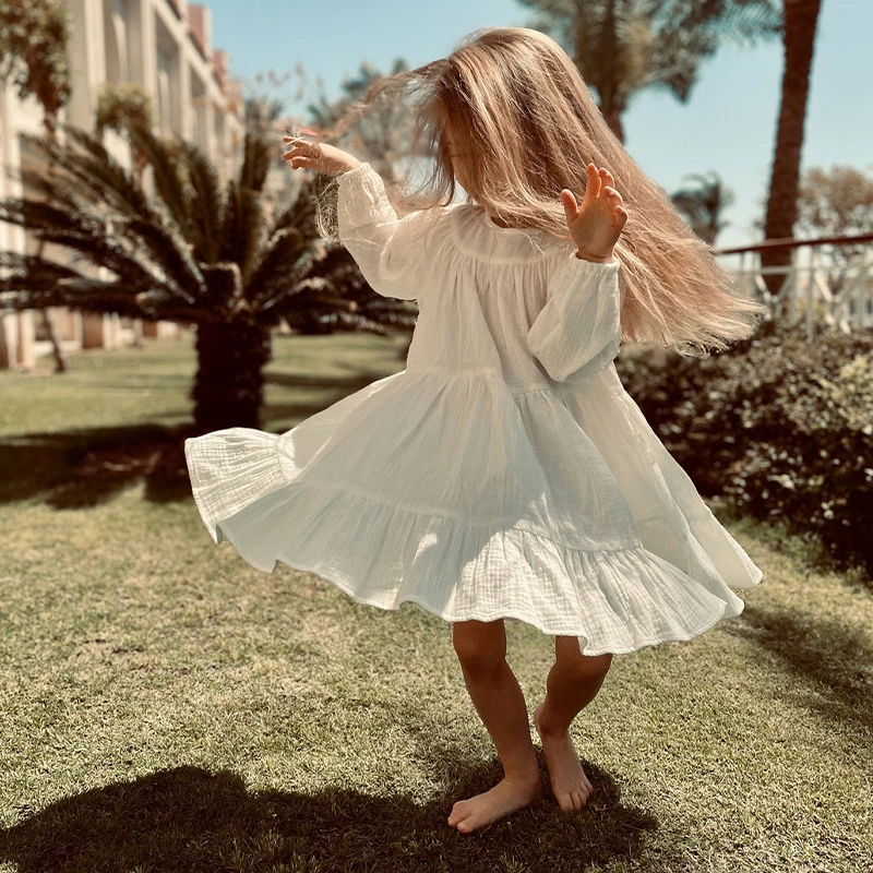 100% Cotton Girls Tiered Ruffle Dress Spring Autumn New Children Casual Loose Long-Sleeve White Sweet Princess Dresses TZ78 fashion baby girl skirt Dresses