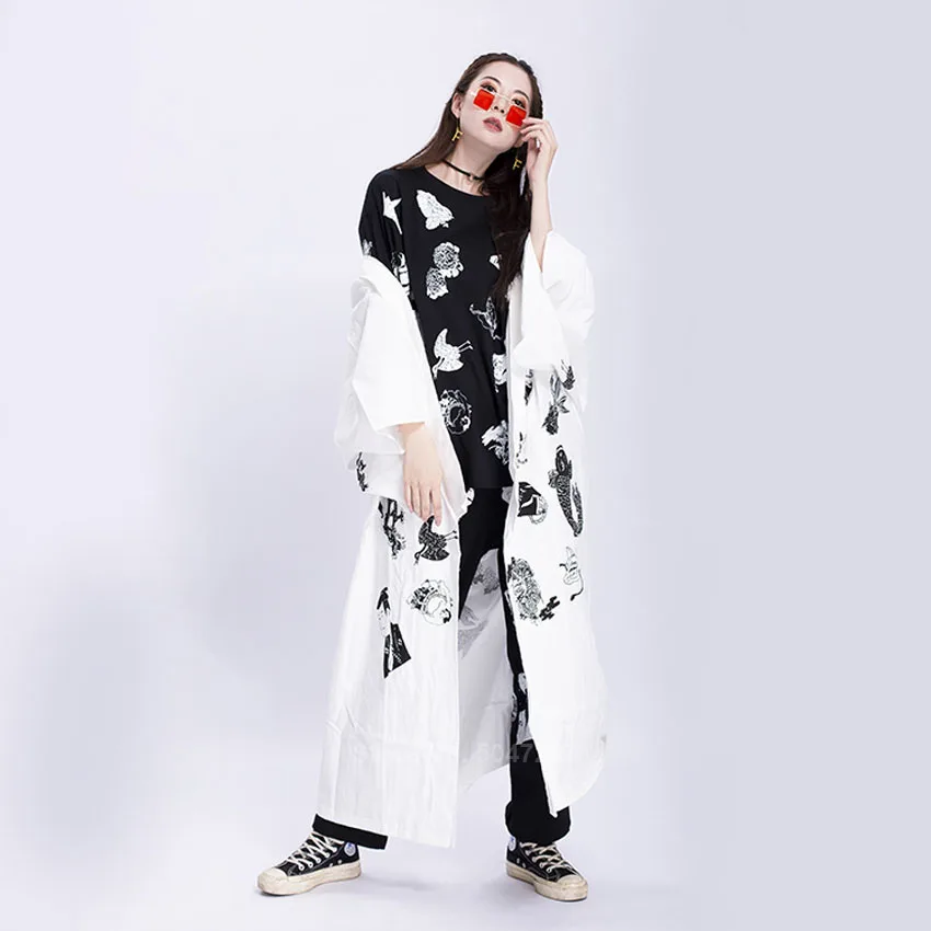 Harajuku Japanese Clothing Female Fashion Streetwear Hip Hop Haori T-shirt Pants Outfits Carp KOI Printing Coat for Couple