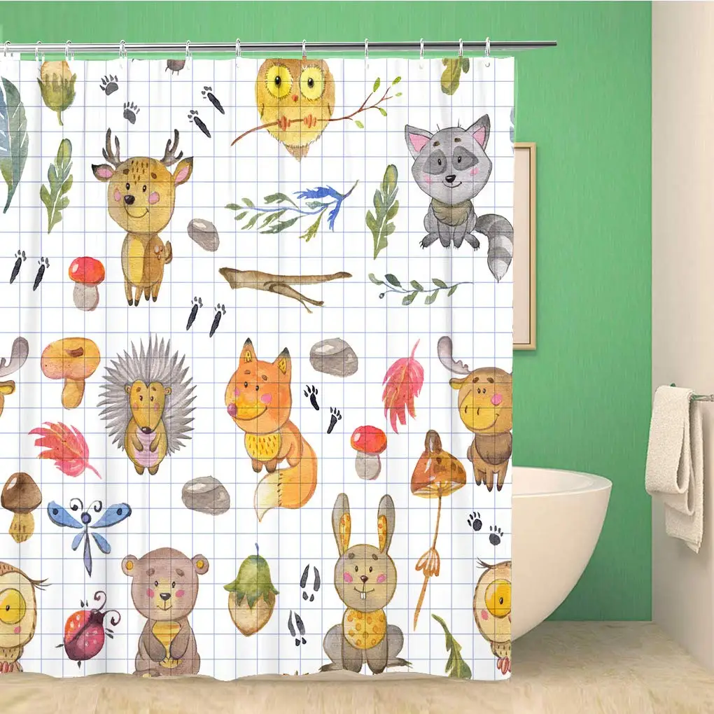 

72x72 Inches Shower Curtain Watercolor Pattern with Animals Pictures Animal Brown Cartoon Character Deer Elk Waterproof