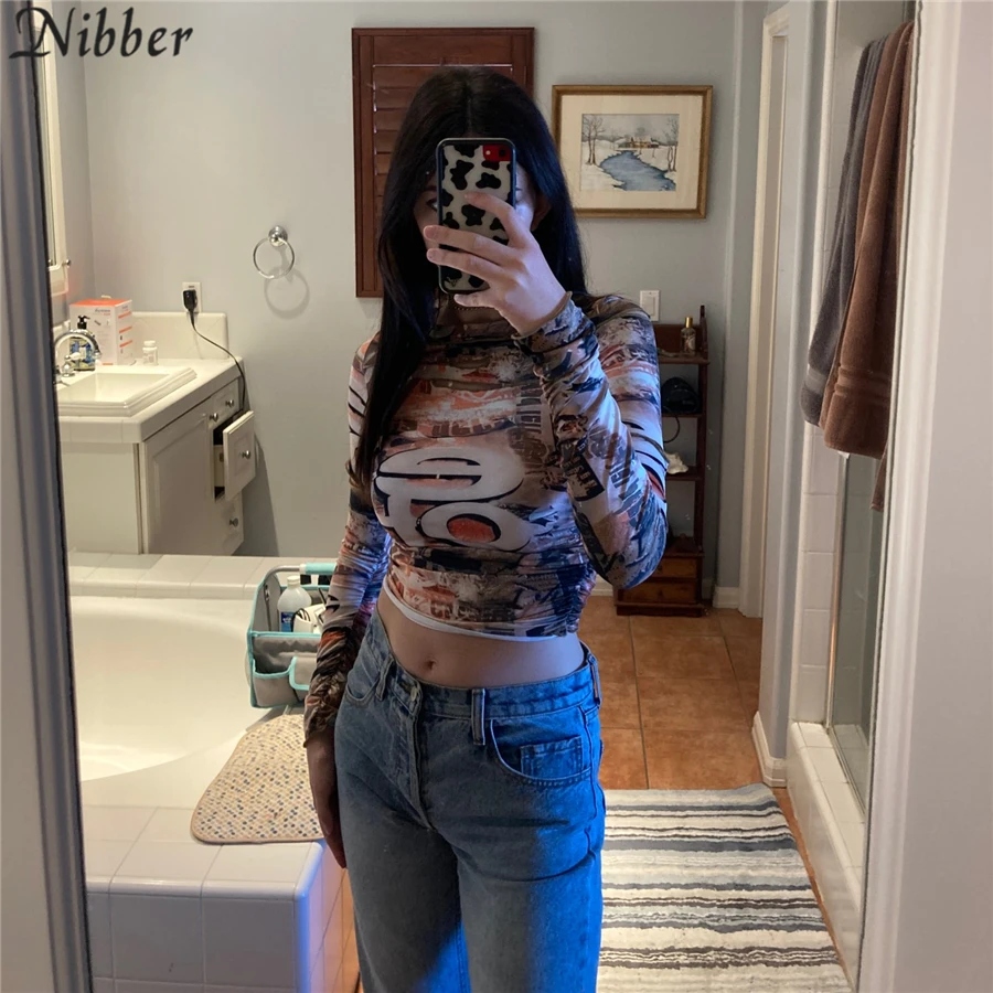 Nibber Punk Y2K Hollow Out Crop Tops Gothic Street Tee shirt For Women's Casual Basic Tees Female 2021 Summer Long Sleeve Top