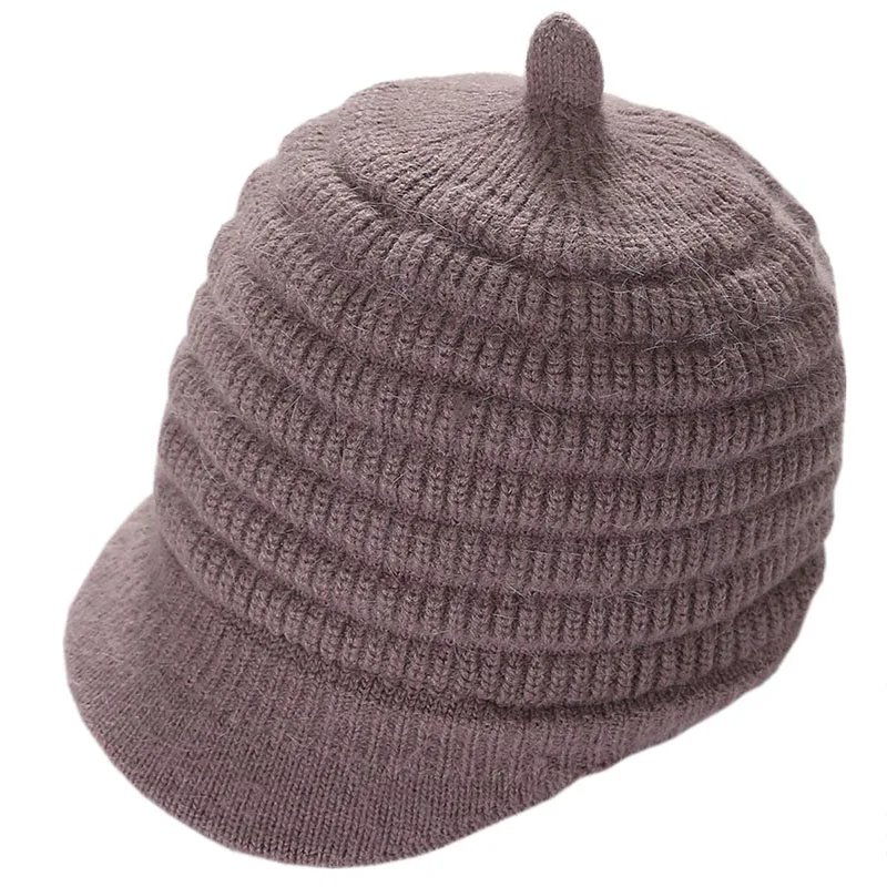 khaki hat Вязаная женская зимняя шапка из кроличьего меха и кашемира с козырьком для взрослых, теплые шапочки с громоздкими шапками, женские розовые шапочки Skullies - Цвет: khaki hat