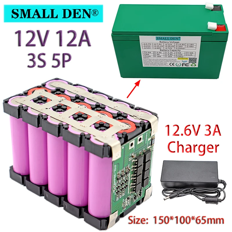 

12V 12Ah 18650 lithium battery pack for sprayer appliance Uninterrupted Power Supply 12V With 20 Balanced BMS + 12.6V 3A Charger