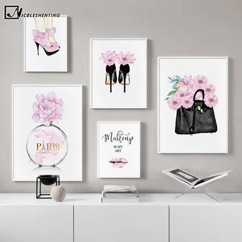 Póster de frases artísticas a la moda bolso de tacón alto con estampado de labios rosas, pintura de pared, decoración de salón de belleza para habitación de niña, imagen creativa