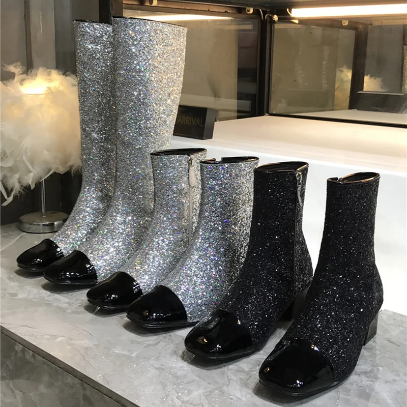 

Bling Sequins Knee High Women Boots Med Heels Ankle Booties Square Toe Patchwork Silver Black Leather Shoes