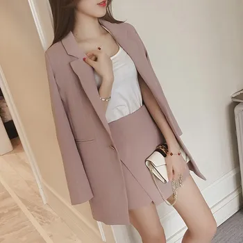 

HAMALIEL Autumn Plus Size Blazer Set Fashion Pink Striped Notched Collar Women 2 Piece Set + Office OL A Line Skirts Suit S-4XL