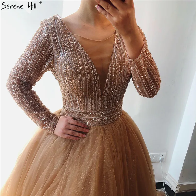 Dubai Pink V-Neck Lace Up Prom Dresses 2020 Long Sleeves Sequins Beading A-Line Long Prom Gowns Serene Hill BLA70237