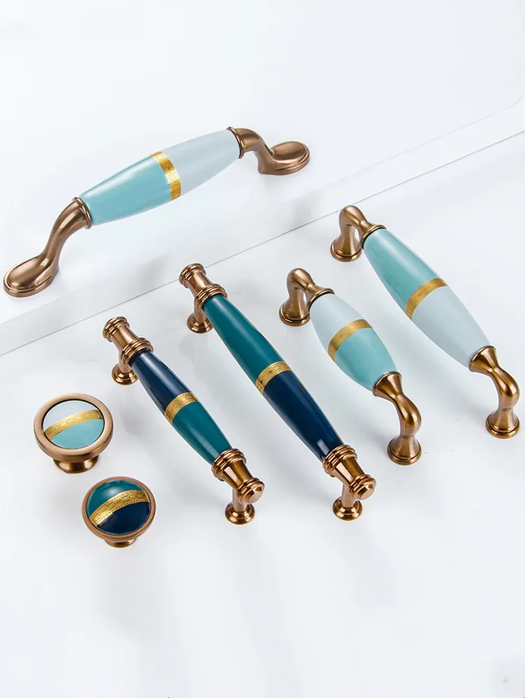 

American wardrobe handle door light luxury golden European style handle kitchen cabinet drawer Blue ceramic furniture handle