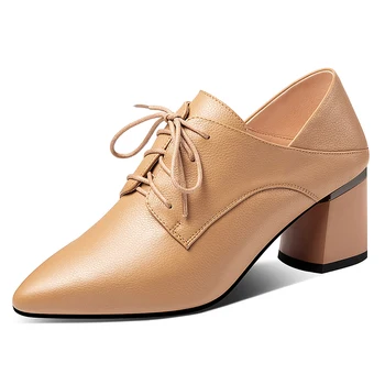 

Women's genuine leather thick high heel alce-up OL style pumps pointed toe elegant ladies comfortable female footwear soft shoes