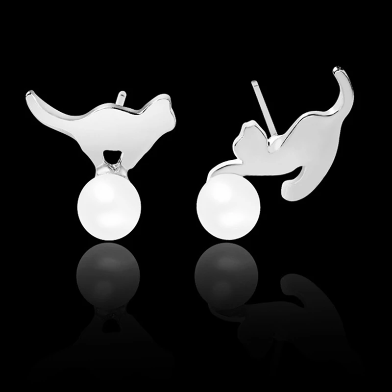 

Jewelry Cat Simulated Pearl Earrings For Women Plain Stud Ear Cute Kitty High Quality Jewelry