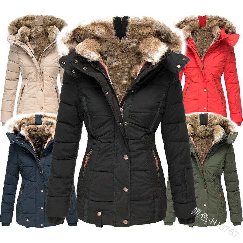 

WEPBEL Women Solid Color Pocket Zipper Coat Slim Fur Hooded Button Full Sleeve Winter Autumn Warm Thick Ladies Parkas Coat