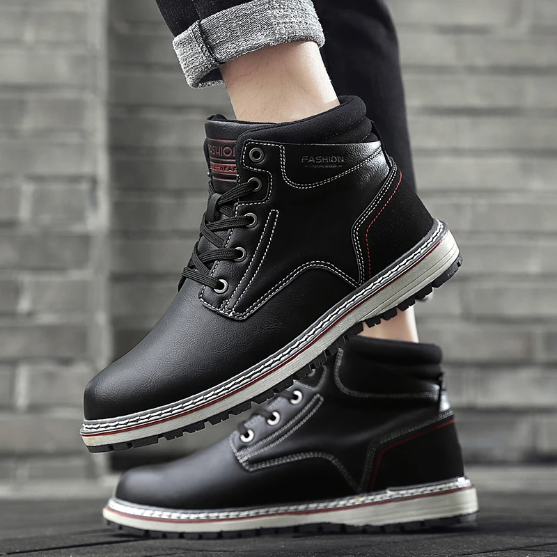 Botas de nieve para hombre, zapatos de suela resistente, de cuero, de felpa  corta, cálidas, a la moda, para invierno|Botas básicas| - AliExpress