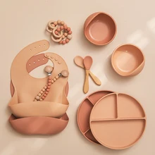 

Tableware 6pcs/set Baby Silicone Tableware Waterproof Bib Solid Color Dinner Plate Sucker Bowl And Spoon For Children
