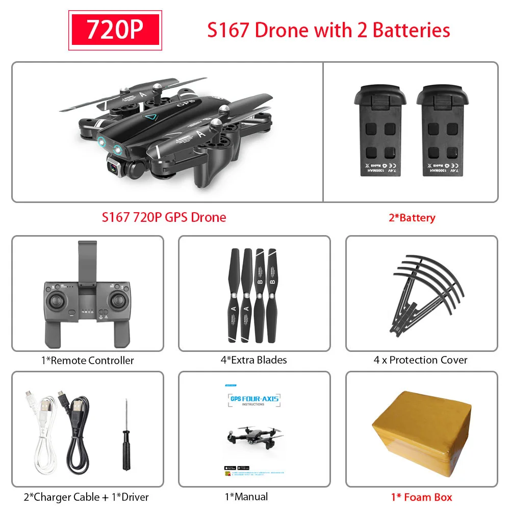 720P 2B FB S167 gps Дрон 4K 5G wifi 1080P FPV камера дроны gps следуем за мной высота держать широкоугольный Квадрокоптер с камерой складной Радиоуправляемый Дрон - Цвет: 720P 2B FB