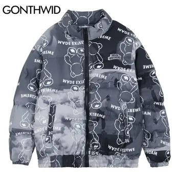 

GONTHWID Cotton Padded Parkas Jackets Streetwear Hip Hop Bear Print Full Zip Thick Warm Coats Harajuku Fashion Winter Outwear