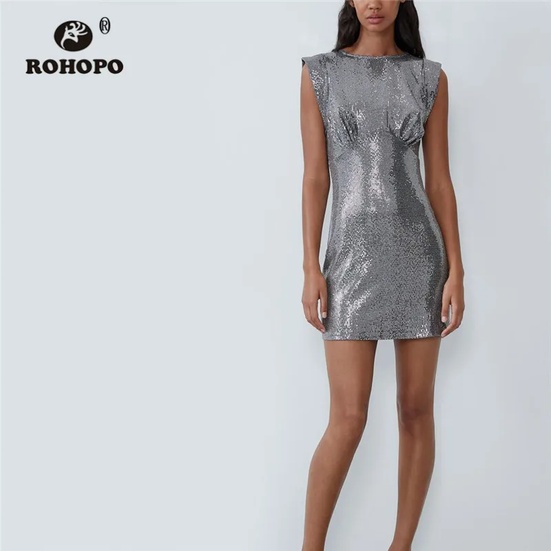 

ROHOPO Sleeveless Silver Sequined Mini Dress Round Collar Top Back Split Buttons Sexy Party Metalic Robe #9589