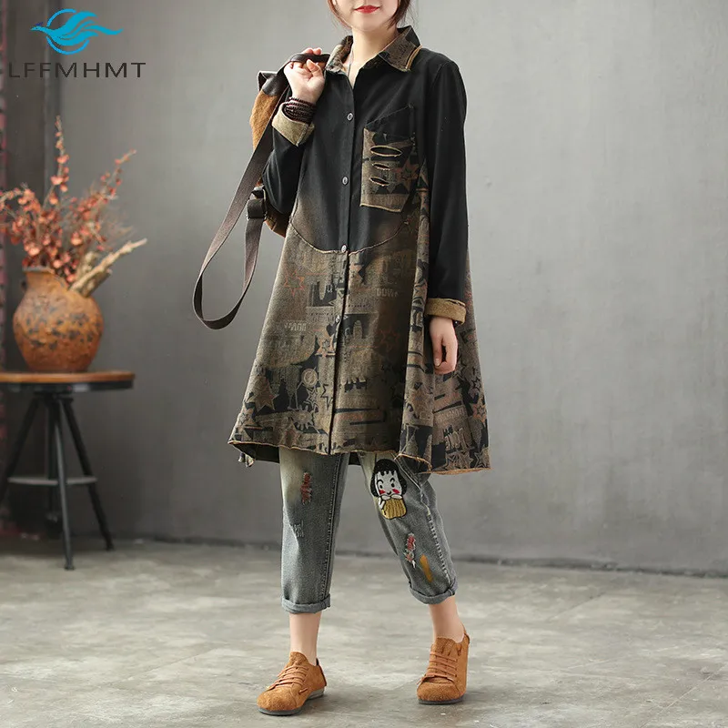 New Women Fashion Spring Vintage Print Long Coat Ripped Hole Beggar Style Large Size Patchwork Jacket Female Trendy Retro Trench