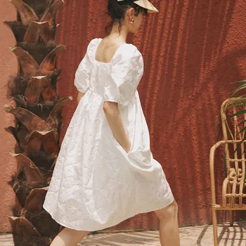 

Korea Women's Dresses Square Collar Puff Half Sleeve High Waist Oversized White A Line Dress Women 2020 Spring Sweet Style W090