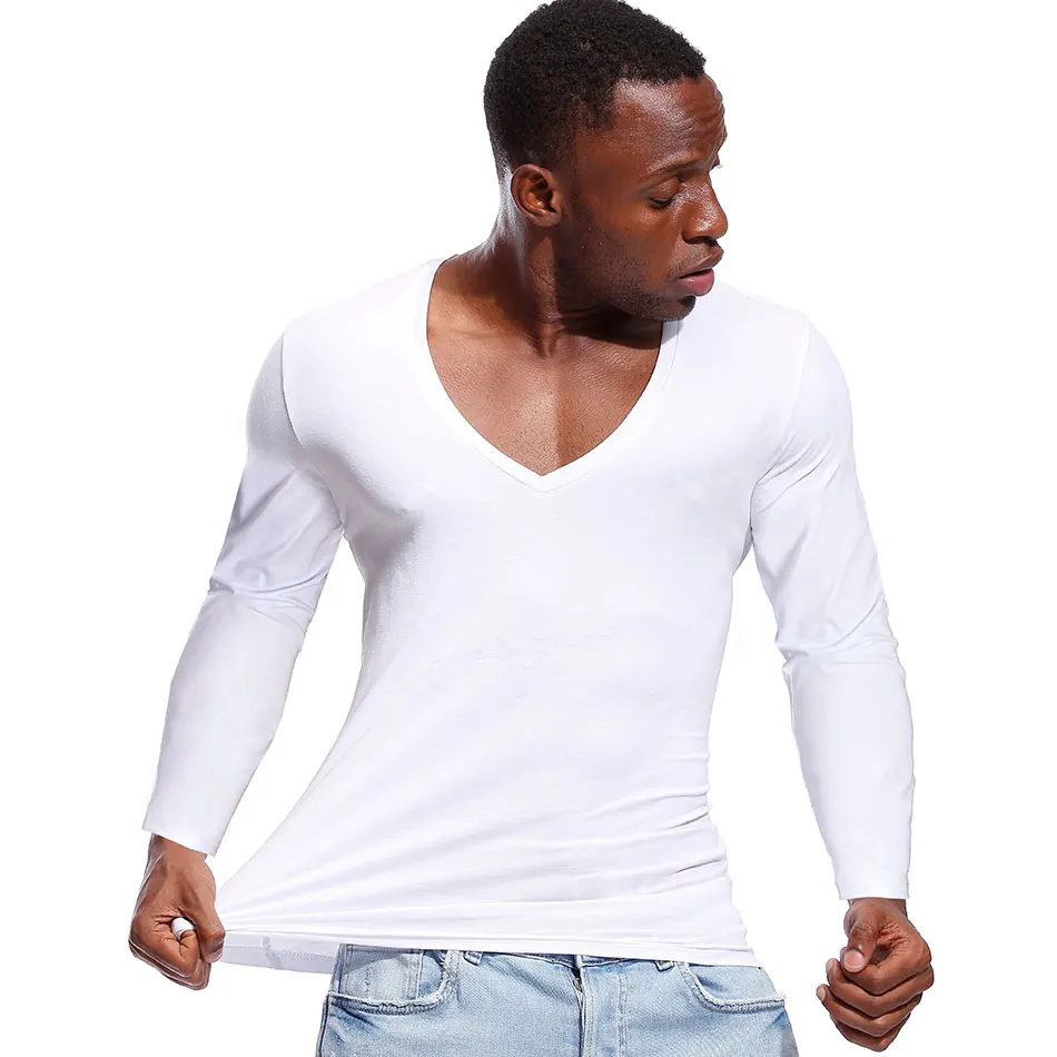 Solid Color Tshirt for Men Deep V Neck 