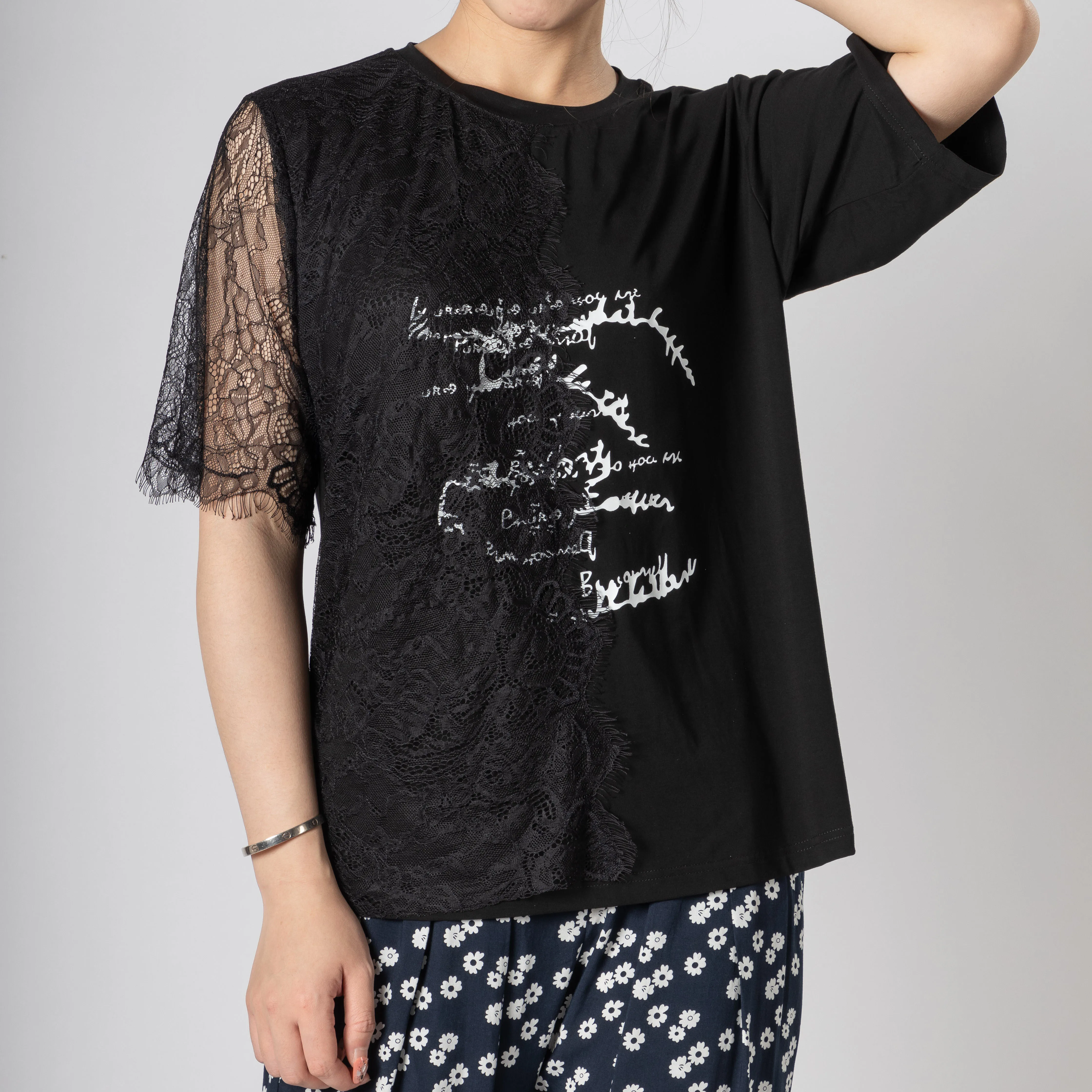 Summer New Lady Lace Patchwork printed T-shirt OEM ODM Accept Clothes Factory | Женская одежда