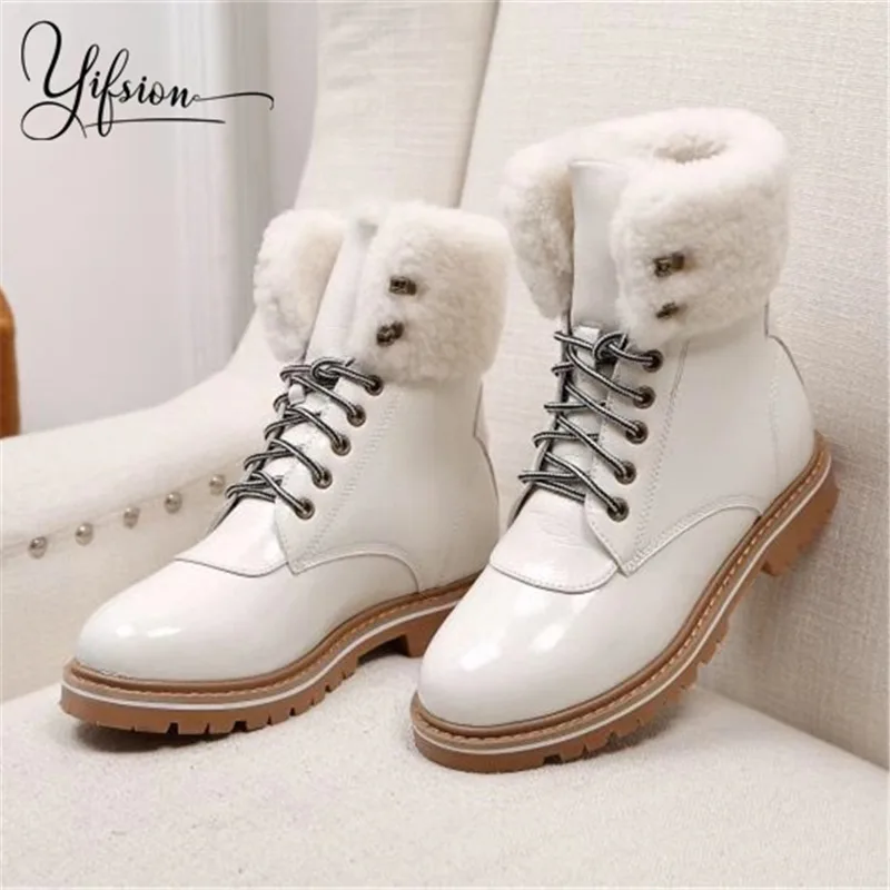 

OLOME New Genuine Leather Black White Women Ankle Boots Lace Up Round Toe THick Low Heel Winter Warm Boots Shoes Woman