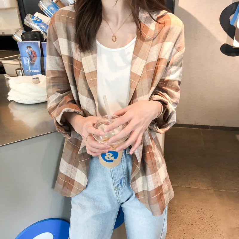 

Photo Shoot 2019 WOMEN'S Dress Autumn Korean-style CHIC Versatile Loose-Fit Plaid Linen Suit Jacket Women's