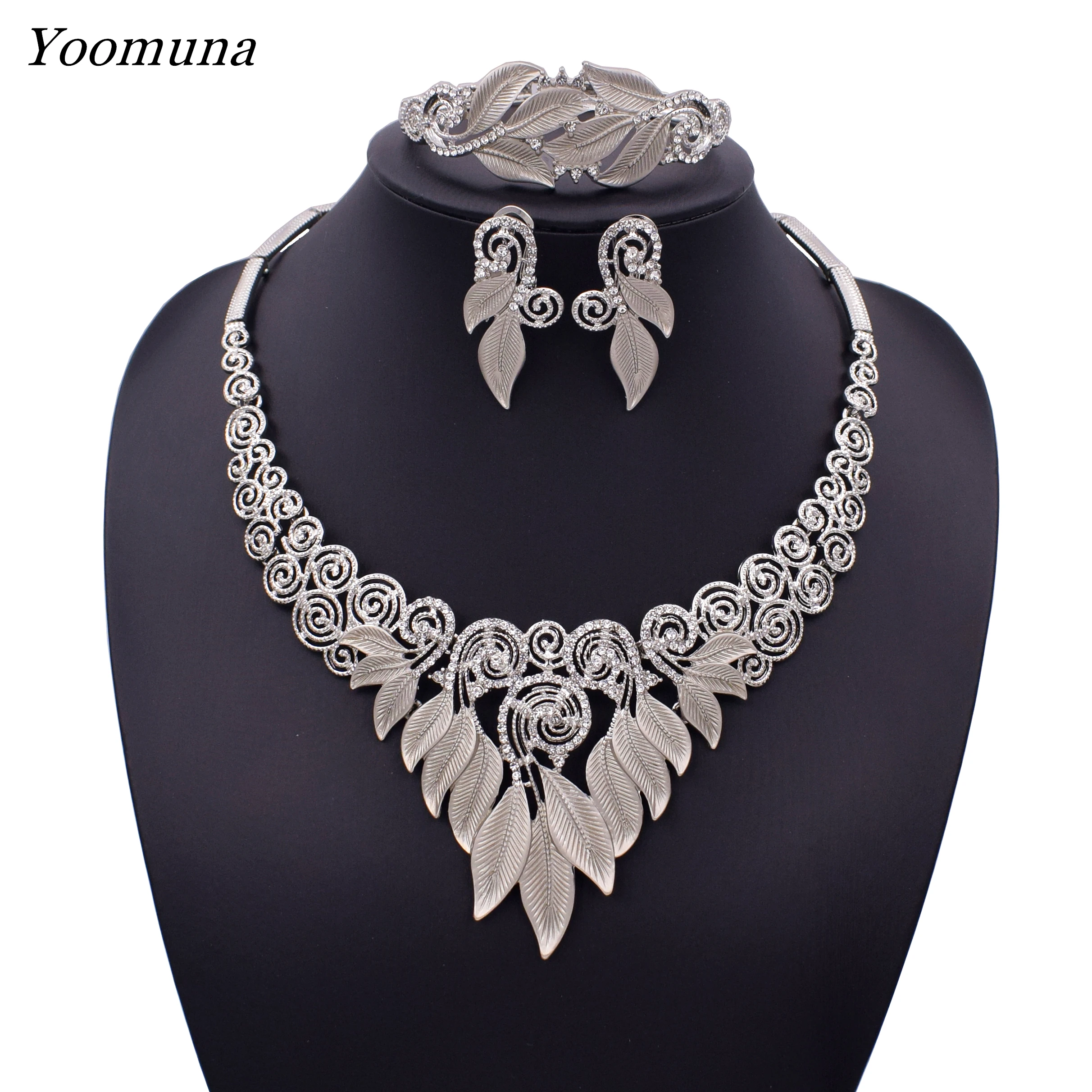 

Dubai silver/Gold Jewelry Sets Nigerian Wedding African leaf Crystal Bridal Jewellery Set Rhinestone Ethiopian Jewelry sets 2019