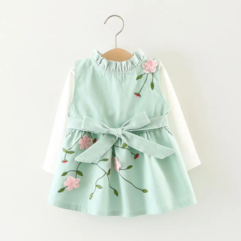 Осеннее детское платье с длинными рукавами для девочек, трикотажные платья с имитацией 2 предметов боди для новорожденных одежда для малышей от 0 до 24 месяцев - Цвет: light green