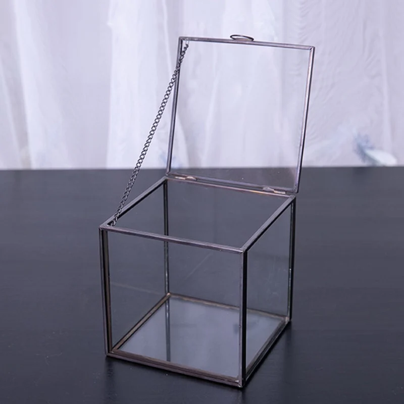 Геометрические Квадратные серьги, стеклянная коробка для хранения, коробка для свадебного кольца, косметический Органайзер, коробка для хранения ювелирных изделий, маленькие подарки для гостей - Цвет: Black
