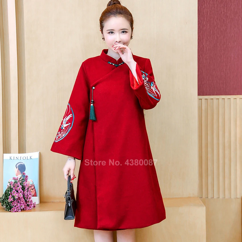 Женское зимнее пальто традиционная китайская одежда зимнее толстое Ципао платье с вышивкой журавля винтажное шерстяное Ципао Новогоднее
