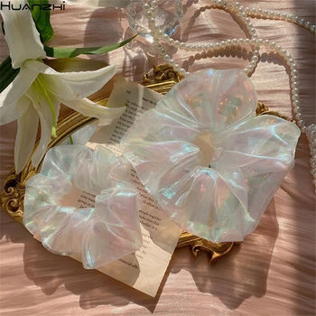 

HUANZHI 2020 Trendy Shining Pearlescent Mesh Chiffon Gauze Solid Color Simple Elastic Hair Band Rope Hair Accessories for Women