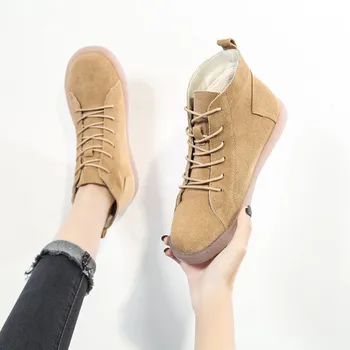 

Fall / winter 2019 leather soft sole comfortable student single boots flat bottom casual Plush lace up Martin boots