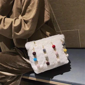 

2019 Cute Ball Tassel Shoulder Bags For Women Korean Style Hair Chain Women Messenger Bag Ladies Faux Fur Envelope Day Clutch