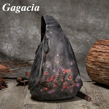 GAGACIA-정품 소가죽 양각 꽃 레트로 가슴 가방 여성용, 핸드메이드 디자인, 크로스 바디 백팩, 2023 신상