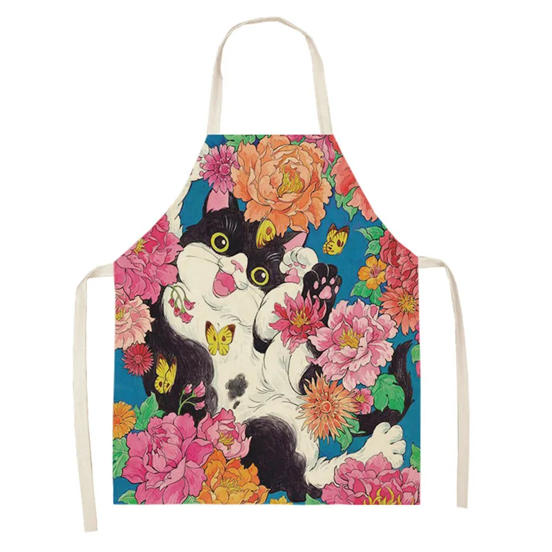 Cute Cartoon Cat Linen Apron Kids Family Game DIY Sleeveless Aprons Home Household Kitchen Apron for Women Washable