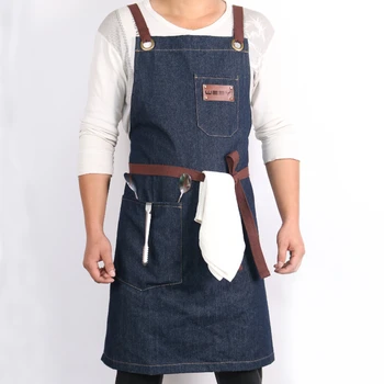 

WEEYI Denim Kitchen Cooking Apron w/Adjustable Cotton Strap Large Pockets Blue фартук кухонный Barista Men and Women Homewear