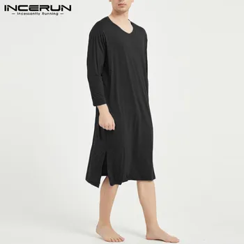 

INCERUN Mens Leisure Sleep Robes Casual Short Sleeve V Neck Sleepwear Men Fashion Solid Color Cotton Comfortable Homewear S-5XL