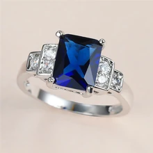Punk Male Female Blue Crystal Stone Ring Classic Silver Color Wedding Rings For Women Luxury Bride Square Zircon Engagement Ring