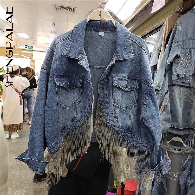 

SHENGPALAE 2019 New Autumn Split Joint Tassels Denim Jacket Turn-down Collar Long Sleeve Personality Design Women Coat FT423
