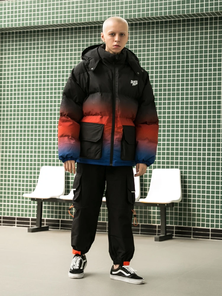 OSCN7 Retro Oversize Contrast Color Padded Jackets Men Japanese Streetwear Loose Casual Women Parkas Jackets Coat 6088