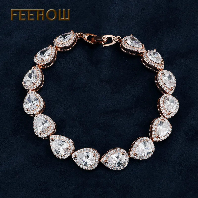 Женский теннисный браслет FEEHOW из розового золота с камнями в форме сердца