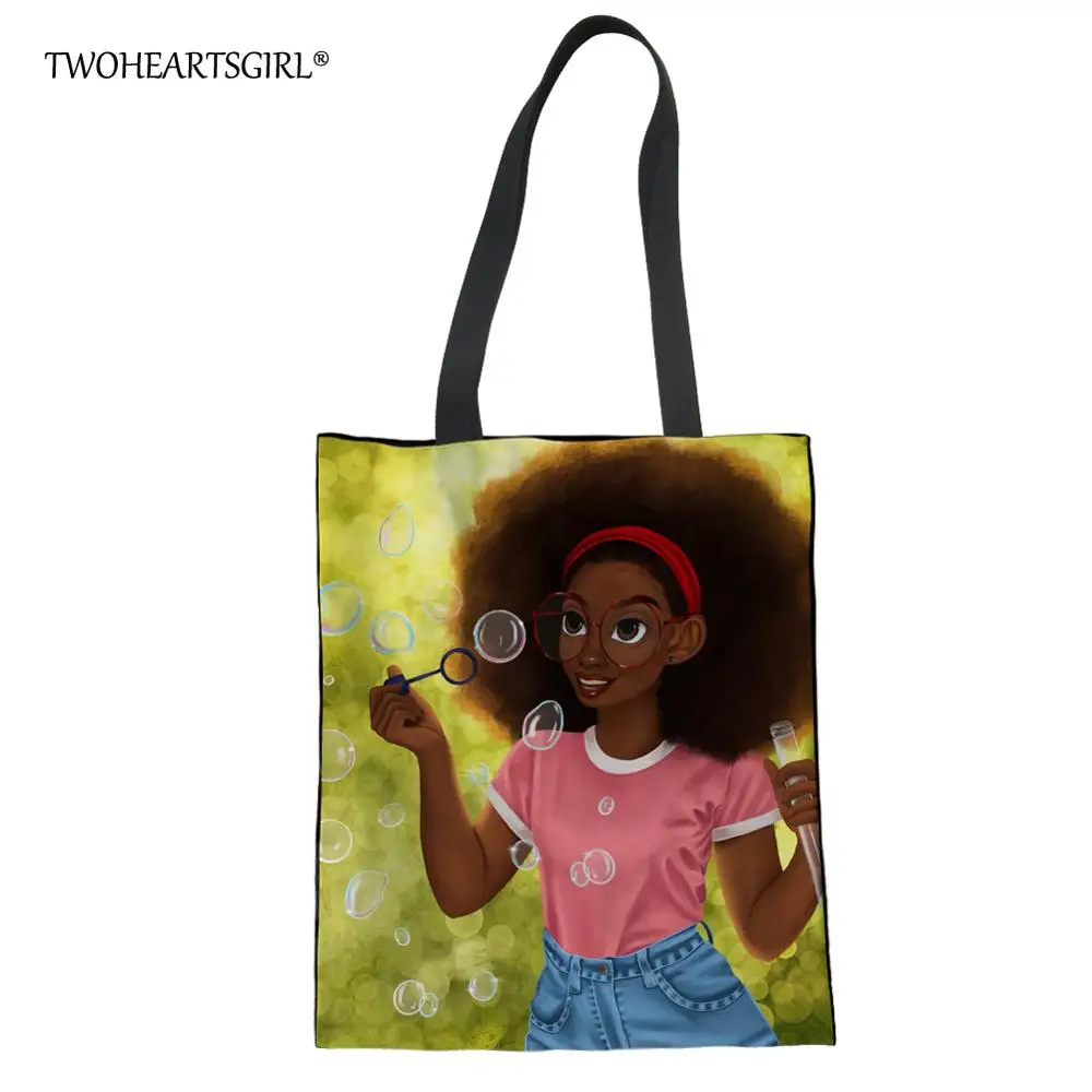 

Twoheartsgirl Black Queen African American Girl Shopping Bag Art Afro Lady Canvas Handbags for Women Foldable Tote Storage Bags