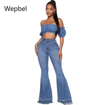 

WEPBEL Denim Pants High Waist Jeans Trousers Summer Women's Jeans Tassled Slim Washed Sexy Denim Women Sets Tops Jeans